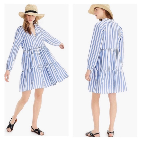 J. Crew Dresses & Skirts - J.CREW Tiered Organic Cotton Poplin Long Sleeve Mini Dress Blue Barrie Stripe XS